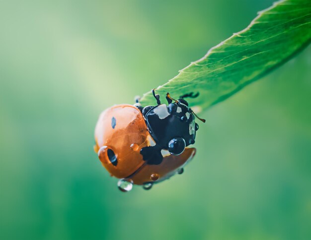 Red ladybug with water drops on a leaf in macro