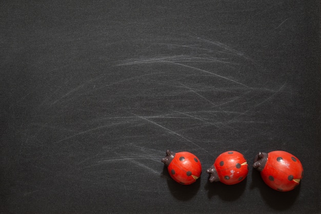 Red ladybugs toys on black chalkboard with blank copy space