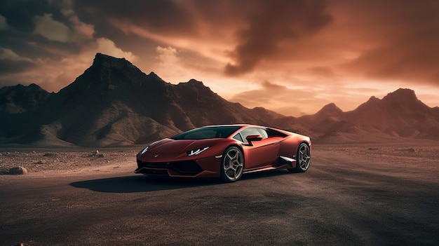 Red lamborghini in the mountains with the sun setting behind it