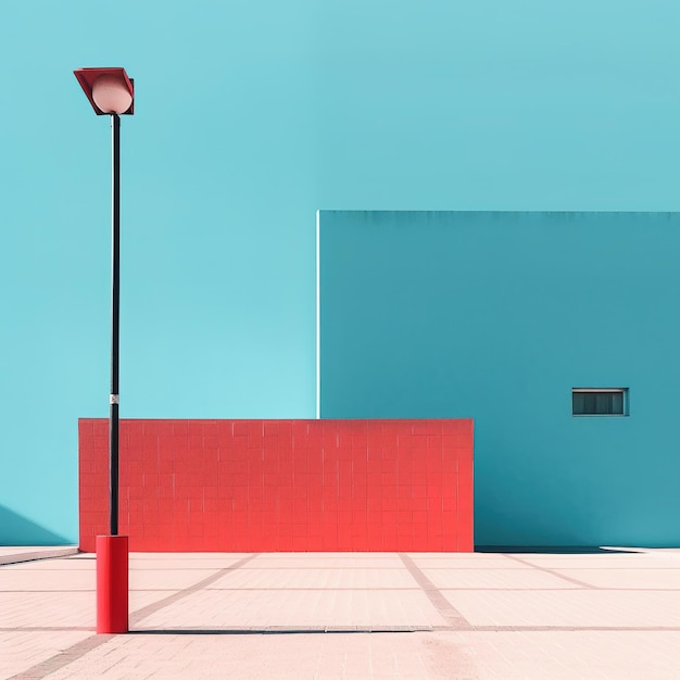 A red lamp post stands in front of a blue wall.