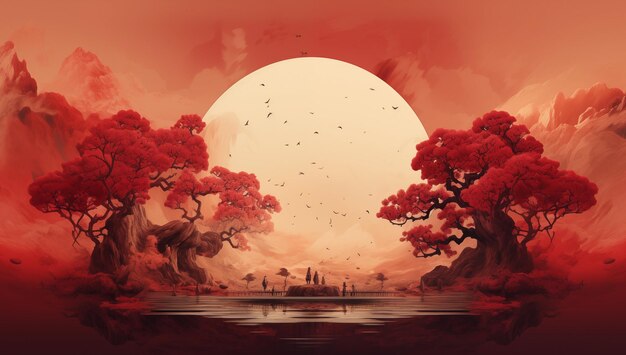 red landscape island on a lake against the backdrop of a huge sun