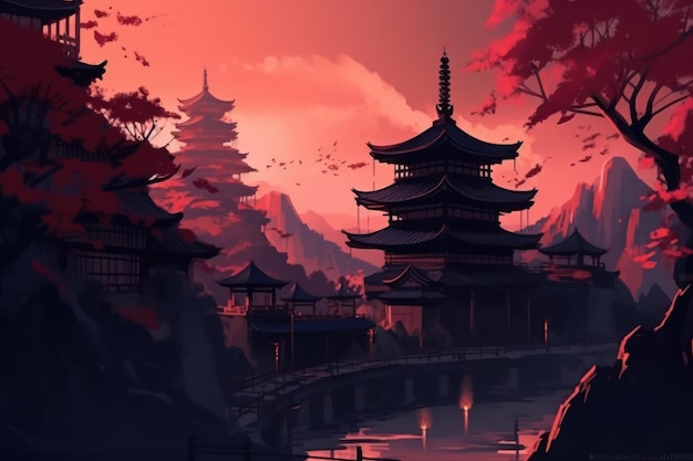 Premium AI Image | A red landscape with a japanese pagodas and a pond.