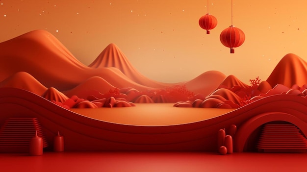 A red landscape with mountains and lanterns