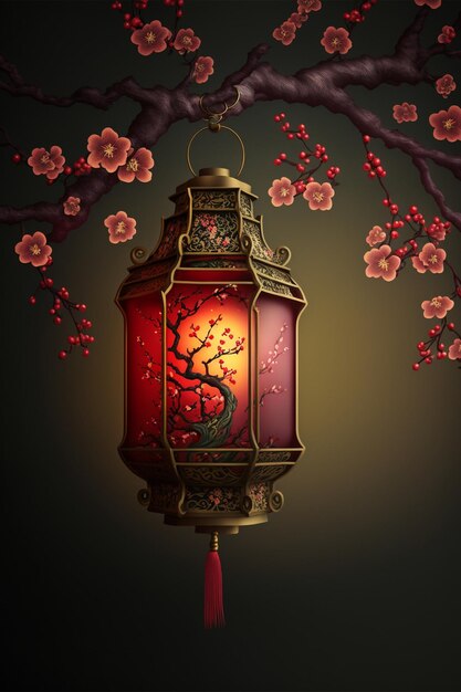 Red lantern hanging from a tree with pink flowers generative ai