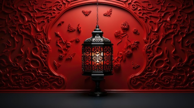 Red lantern luxury design red round hole wall back merry christmas and happy new year background