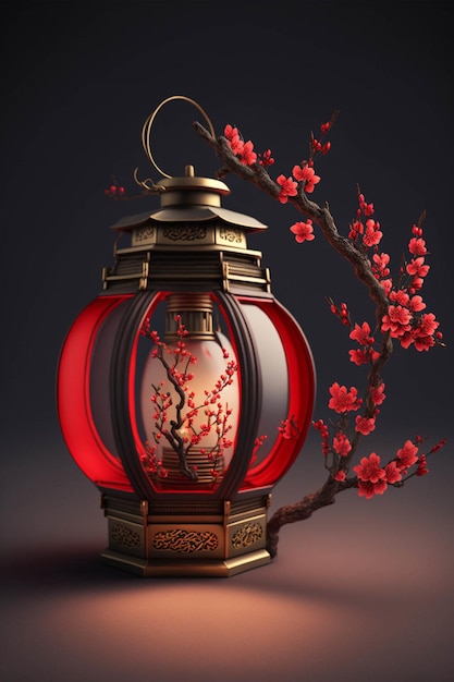 Red lantern sitting next to a branch of a cherry tree generative ai