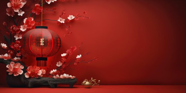 A red lantern and some white flowers on a red background generative ai chinese new year