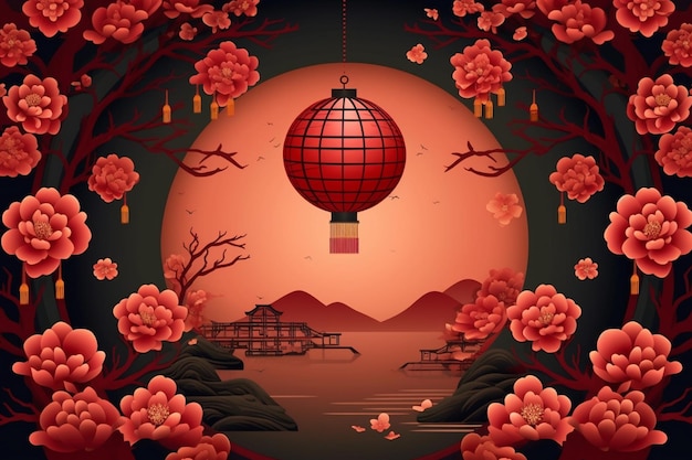 A red lantern with a bridge in the background