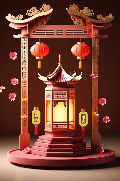 a red lantern with a pink flower in the middle.