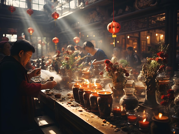 中国 の 新年 寺院 の 儀式 で 花 の 供え物 の 中 で 赤い ランタン が 輝い て い ます