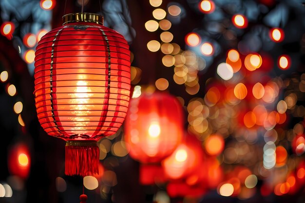 Foto lanterne rosse appese ad un albero di notte durante una celebrazione del capodanno cinese con luci festive