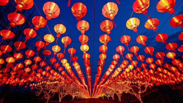 Red lanterns overhead lighting up festival night