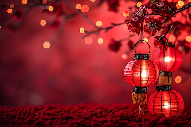 Red lanterns with candlelight on a branch