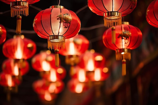 red lanterns with yellow and red lanterns in the background.