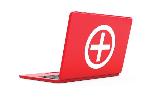 Red Laptop with First Aid Kit Sign on a white background. 3d Rendering.