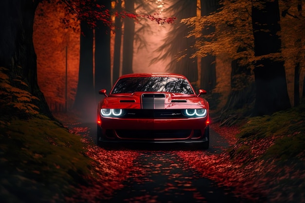 Red Laser Dodge Challenger Гонки по осени, красная машина в красном лесу, сгенерированная AI