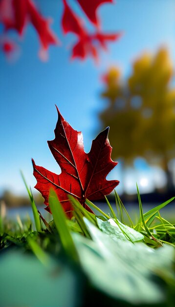 Red leaf sitting on top of a lush green field generative ai