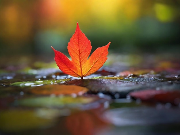 a red leaf that is on a wet surface