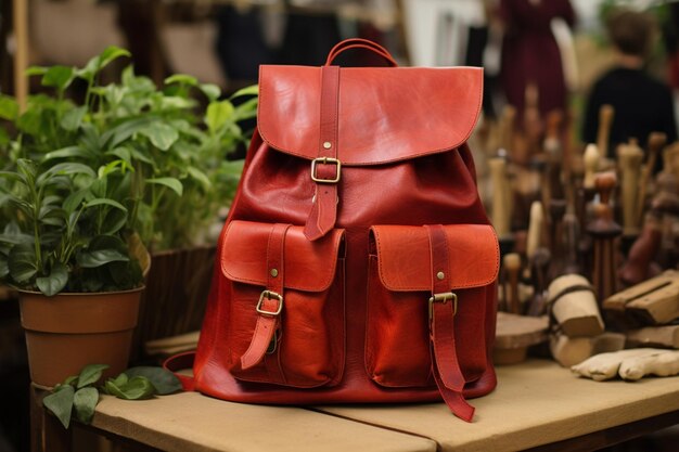 Red leather backpack on the table Premium AI generated image