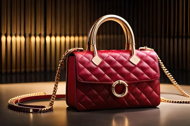 A red leather bag with a gold chain on a wooden table