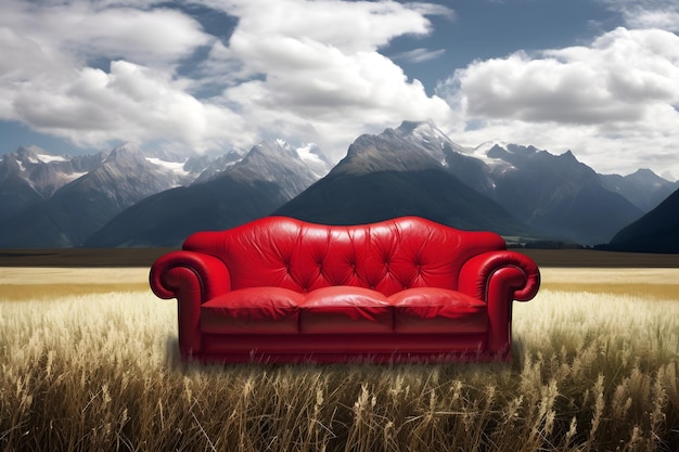 Красный кожаный диван сидит в поле с горами на заднем плане.