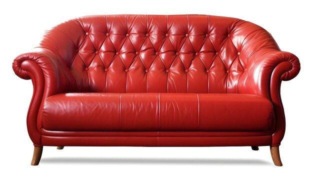 A red leather couch with buttons