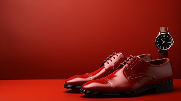 Red leather formal male shoes red background photo studio style