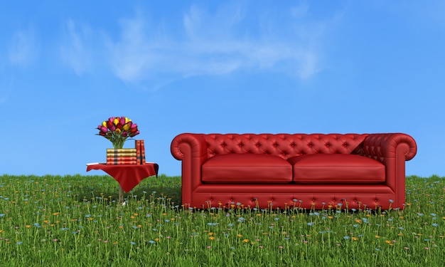 Red leather luxury sofa on grass