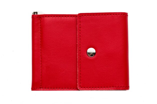 Red leather purse on a white background closeupCompact wallet