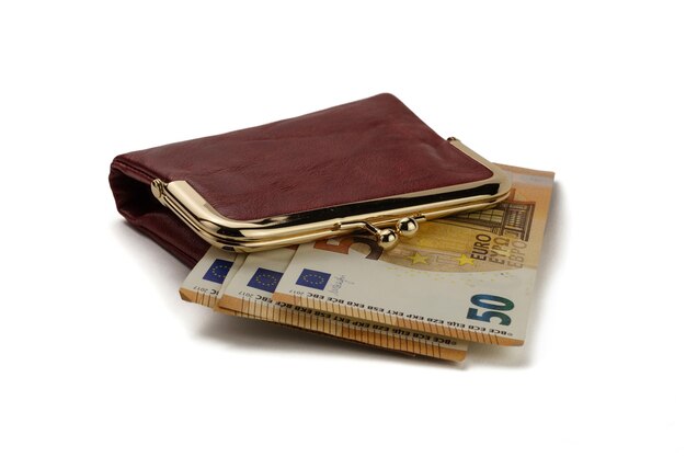 A red leather purse with fifty euro notes