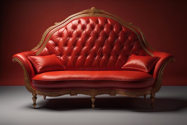 Красный кожаный диван с подушками в классическом интерьере