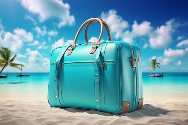 Red leather suitcase on the beach with blue sky