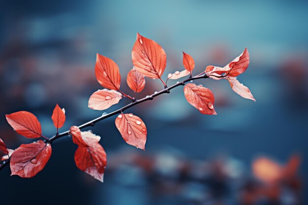 red leaves on a branch with water droplets on them