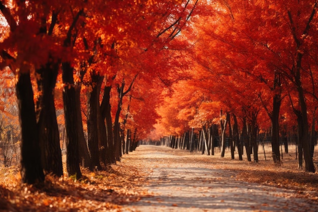 Red leaves on trees in the forest in autumn