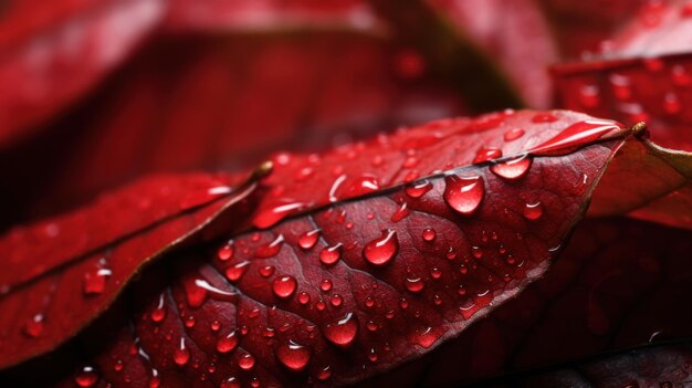 Red leaves with water drops closeup shallow depth of field