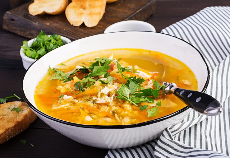 Photo red lentil soup with chicken meat and vegetables close-up on the table. healthy food.