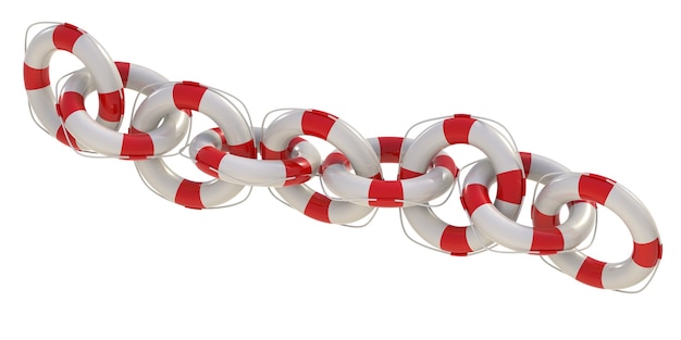 Красная цепь спасательных кругов на изолированной белой предпосылке.