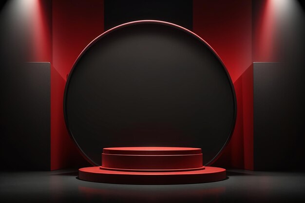 Red light round podium and black background for mock up