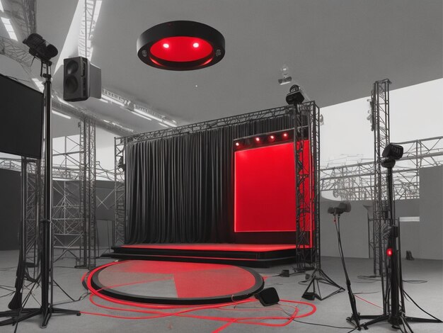 Photo red light round podium and black background for mock up