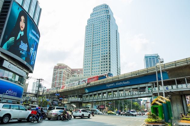 Red light traffic as car, motorcycle and BTS in asoke intersection