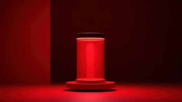 A red light with a black cap on it is lit up in a dark room.