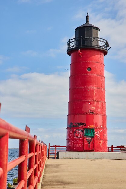 Red lighthouse with graffiti on milwaukee pier eyelevel view