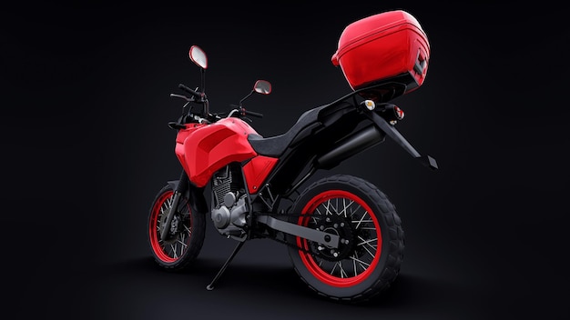 Motocicletta turistica enduro rossa leggera su illustrazione 3d nera