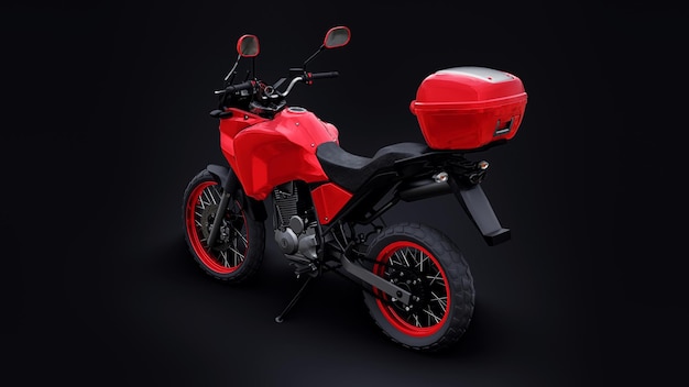Motocicletta turistica enduro rossa leggera su illustrazione 3d nera