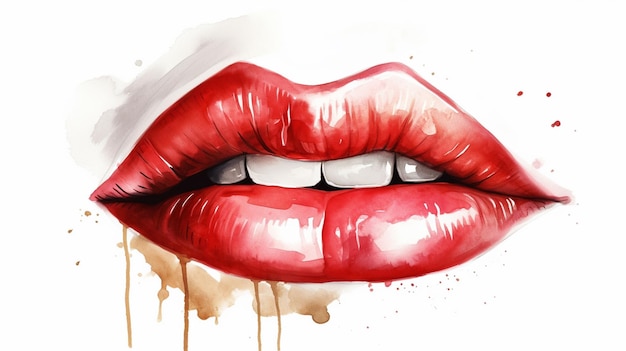 Red lips isolated on white background Realistic watercolor drawinggenerative ai