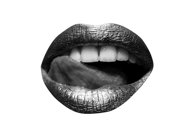 Red lips mouth and tongue icon poster and banner of open mouth closeup woman licking lips female sex