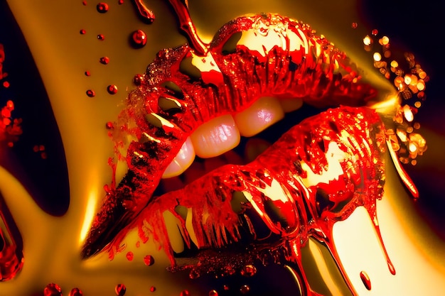 Red lips with gold liquid Generative AI