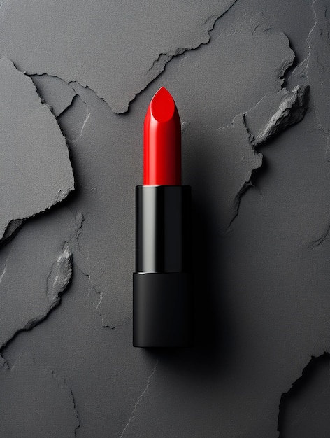 Red lipstick on black background Flat lay top view copy space