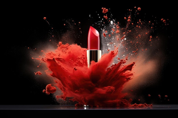 red lipstick in black case with powerful explosion of dust on dark background