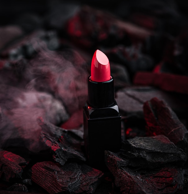 Red lipstick on charcoal background